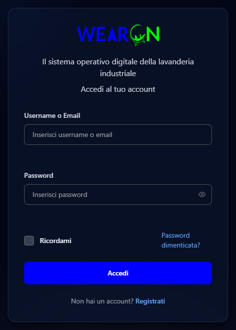 La pagina di accesso di WearOn, con i campi Username o Email e Password