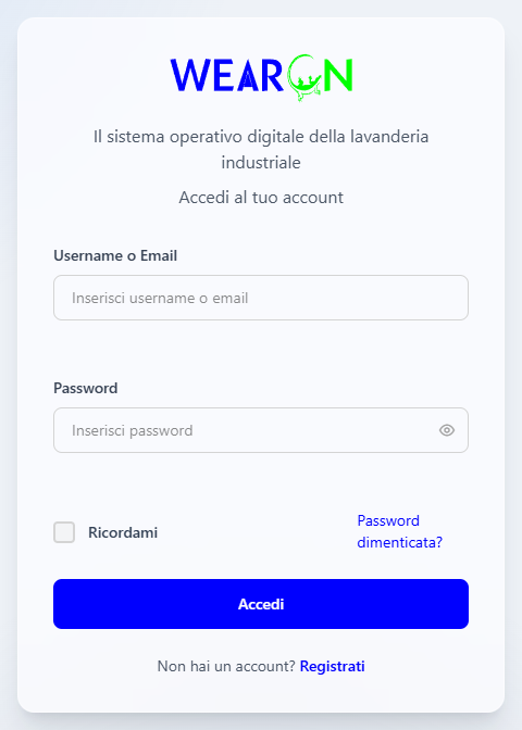 La pagina di accesso di WearOn, con i campi Username o Email e Password