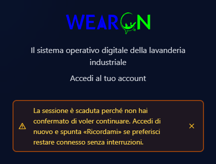 La pagina di accesso con l'avviso giallo di sessione scaduta