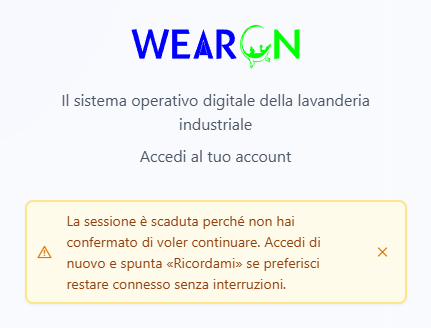 La pagina di accesso con l'avviso giallo di sessione scaduta
