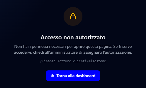Il riquadro Accesso non autorizzato, con il lucchetto, il messaggio, l'indirizzo della pagina richiesta e il pulsante Torna alla dashboard