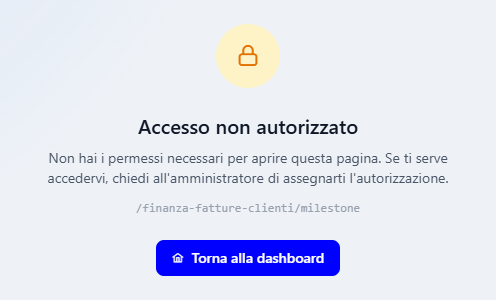 Il riquadro Accesso non autorizzato, con il lucchetto, il messaggio, l'indirizzo della pagina richiesta e il pulsante Torna alla dashboard