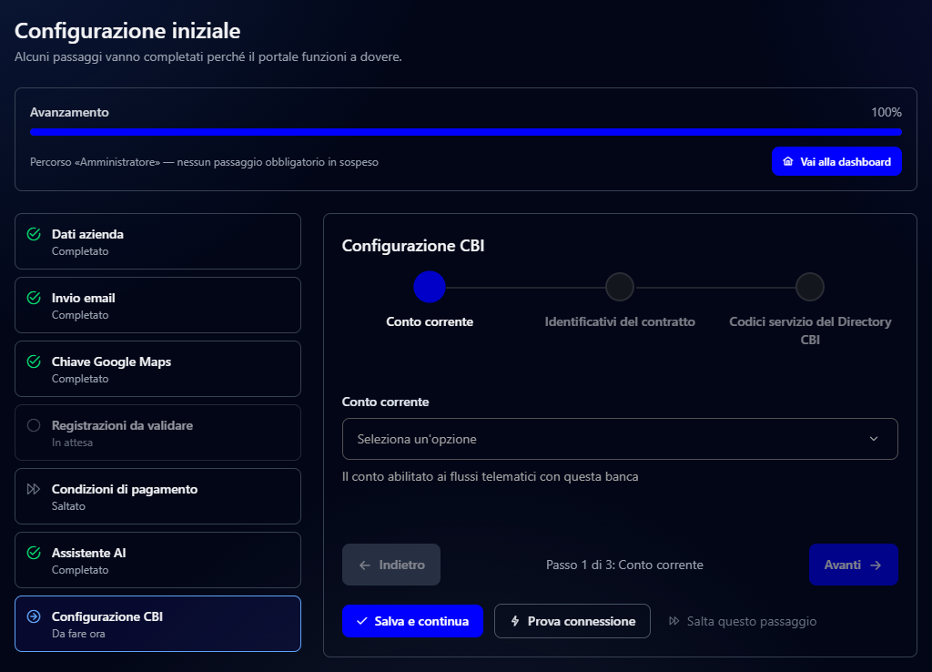La pagina Configurazione iniziale, con l'avanzamento al 100%, il percorso Amministratore, l'elenco dei passaggi e il passaggio Configurazione CBI aperto sulla prima delle sue tre parti