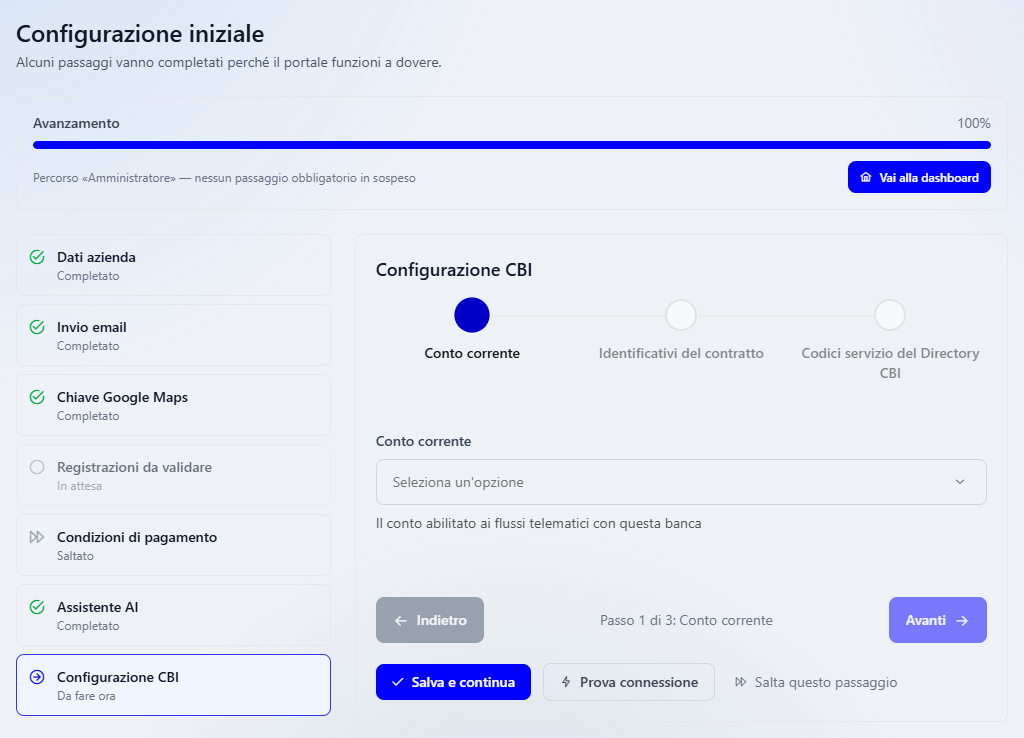 La pagina Configurazione iniziale, con l'avanzamento al 100%, il percorso Amministratore, l'elenco dei passaggi e il passaggio Configurazione CBI aperto sulla prima delle sue tre parti