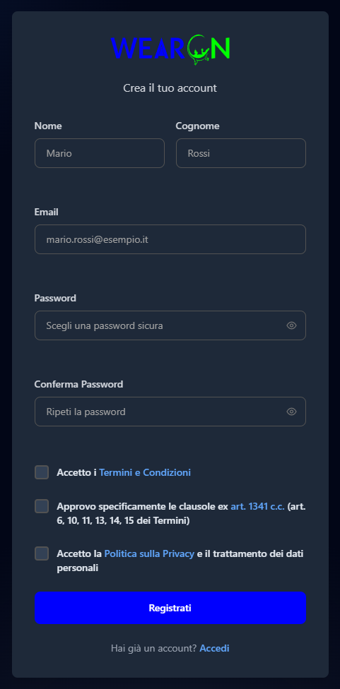 Il modulo di registrazione di WearOn, con il logo in alto e i campi Nome, Cognome, Email e Password