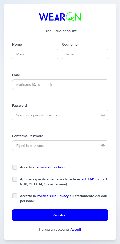 Il modulo di registrazione di WearOn, con il logo in alto e i campi Nome, Cognome, Email e Password