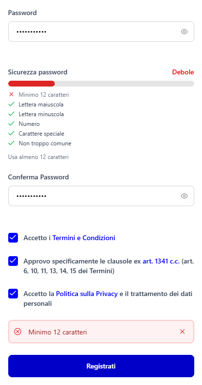 Il modulo di registrazione con una password di 11 caratteri: il riquadro Sicurezza password la giudica Debole, segna in rosso Minimo 12 caratteri e suggerisce Usa almeno 12 caratteri, e sopra il pulsante Registrati compare il messaggio Minimo 12 caratteri