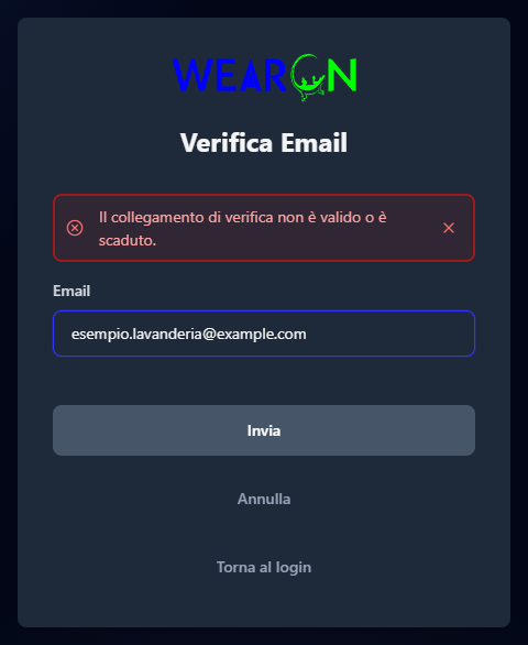 La pagina Verifica Email con l'avviso Il collegamento di verifica non è valido o è scaduto e il campo per richiedere una nuova email
