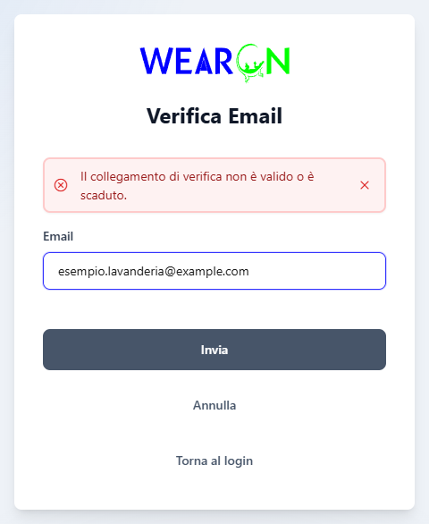 La pagina Verifica Email con l'avviso Il collegamento di verifica non è valido o è scaduto e il campo per richiedere una nuova email