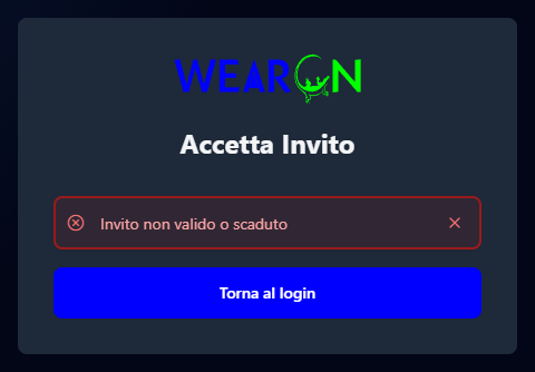 La pagina Accetta Invito con il logo WearOn, l'avviso Invito non valido o scaduto e il pulsante Torna al login