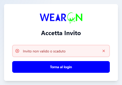La pagina Accetta Invito con il logo WearOn, l'avviso Invito non valido o scaduto e il pulsante Torna al login