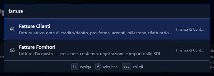 La ricerca rapida con la parola fatture, i due moduli trovati e, in fondo, il promemoria dei tasti