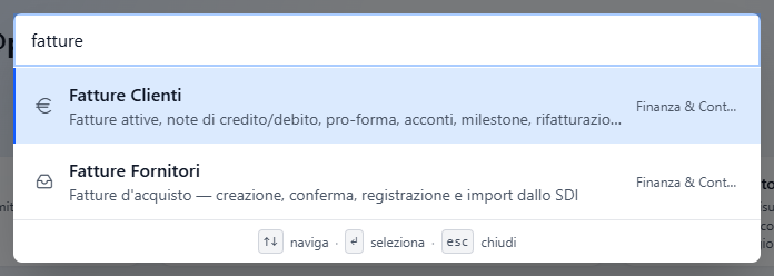 La ricerca rapida con la parola fatture, i due moduli trovati e, in fondo, il promemoria dei tasti