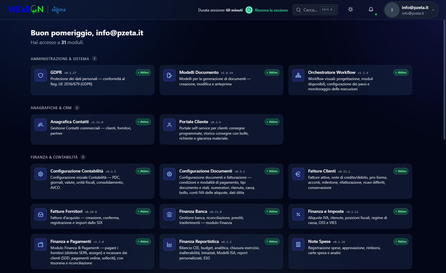 La dashboard di WearOn sotto la barra in alto, con il saluto, il numero dei moduli e le schede raggruppate per area