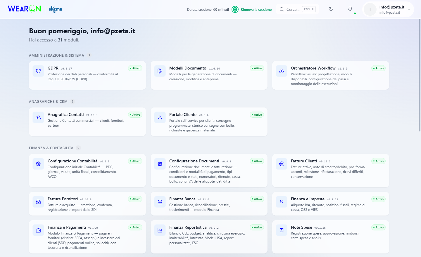La dashboard di WearOn sotto la barra in alto, con il saluto, il numero dei moduli e le schede raggruppate per area