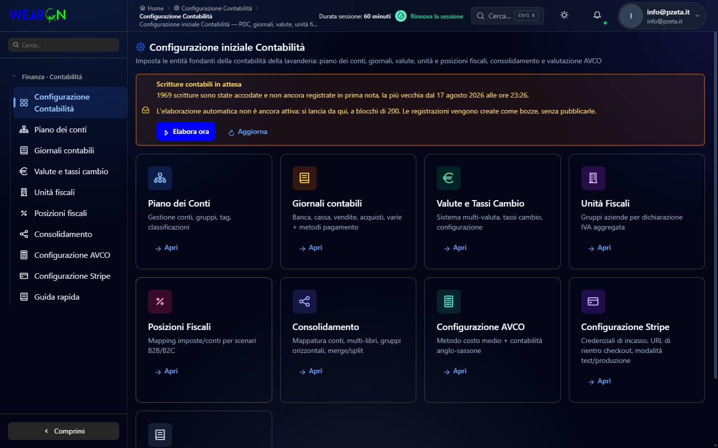Il modulo Configurazione Contabilità aperto, con il menu laterale a sinistra e il percorso in alto