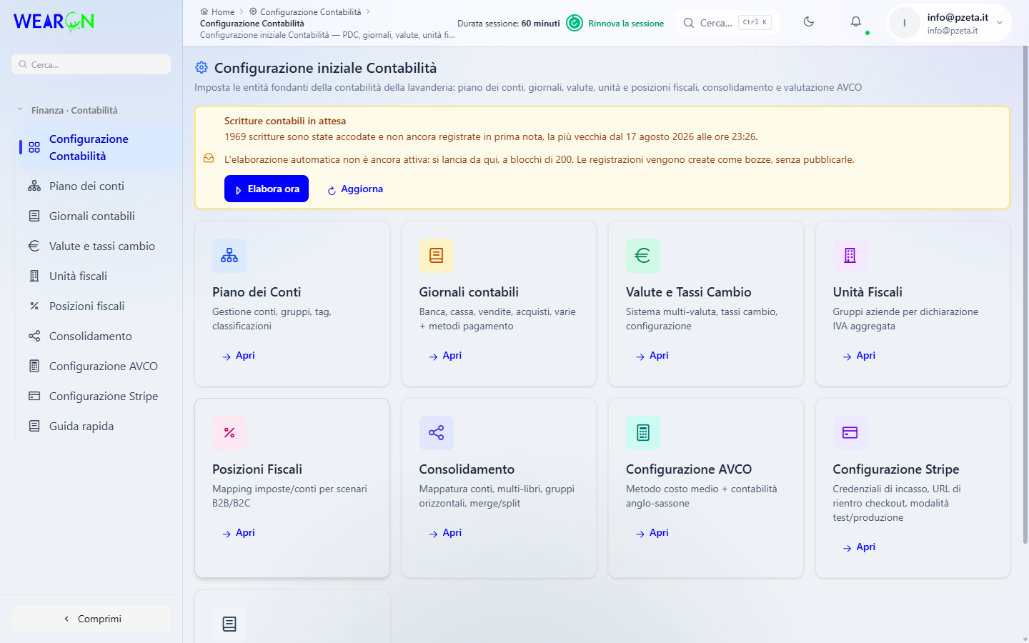 Il modulo Configurazione Contabilità aperto, con il menu laterale a sinistra e il percorso in alto