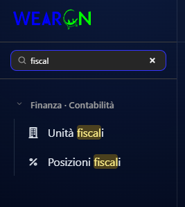 Il menu laterale filtrato con la parola fiscal, con due voci trovate