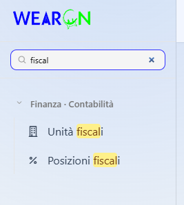 Il menu laterale filtrato con la parola fiscal, con due voci trovate