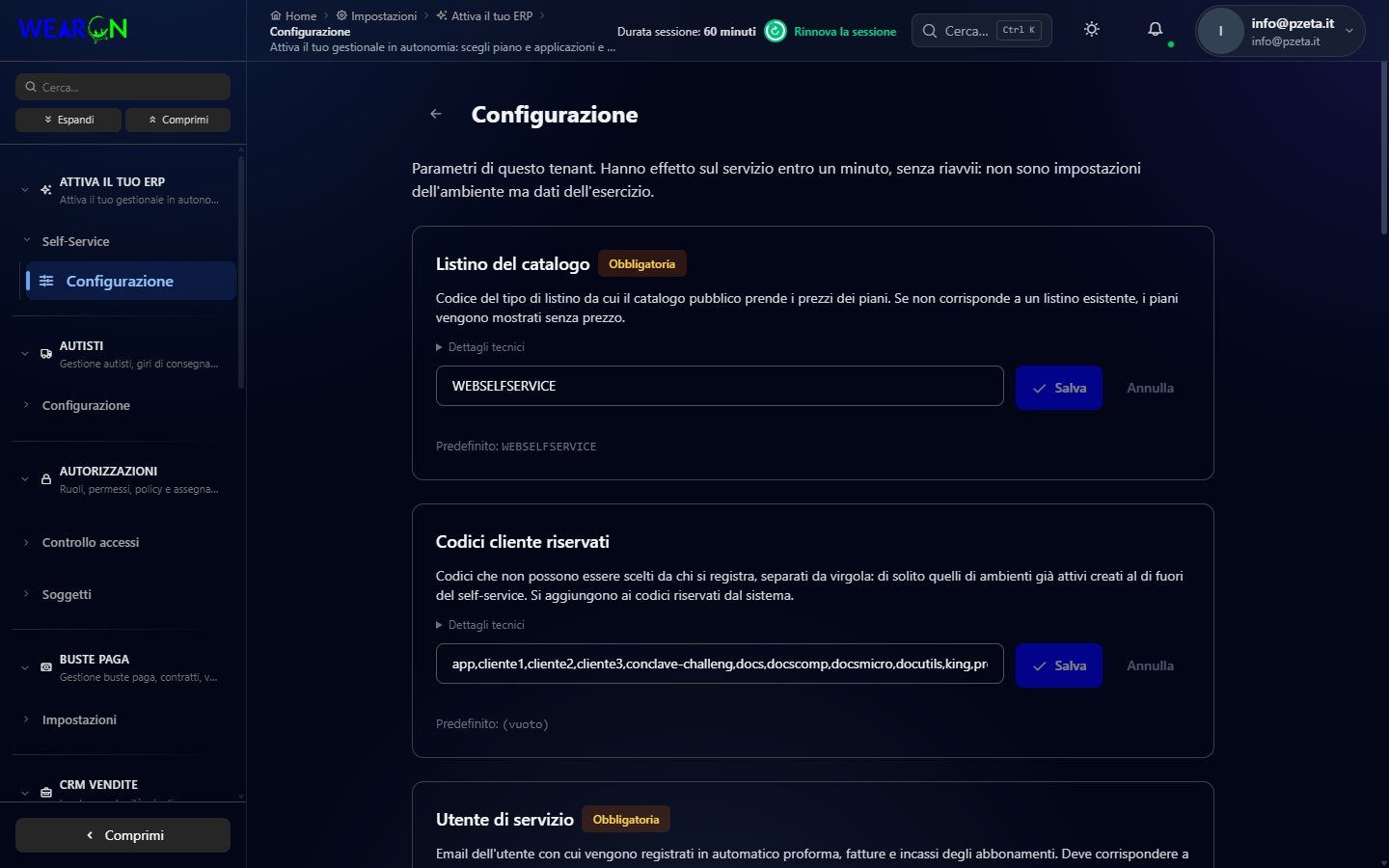 Le impostazioni aperte sulla prima voce, con il menu laterale organizzato per modulo