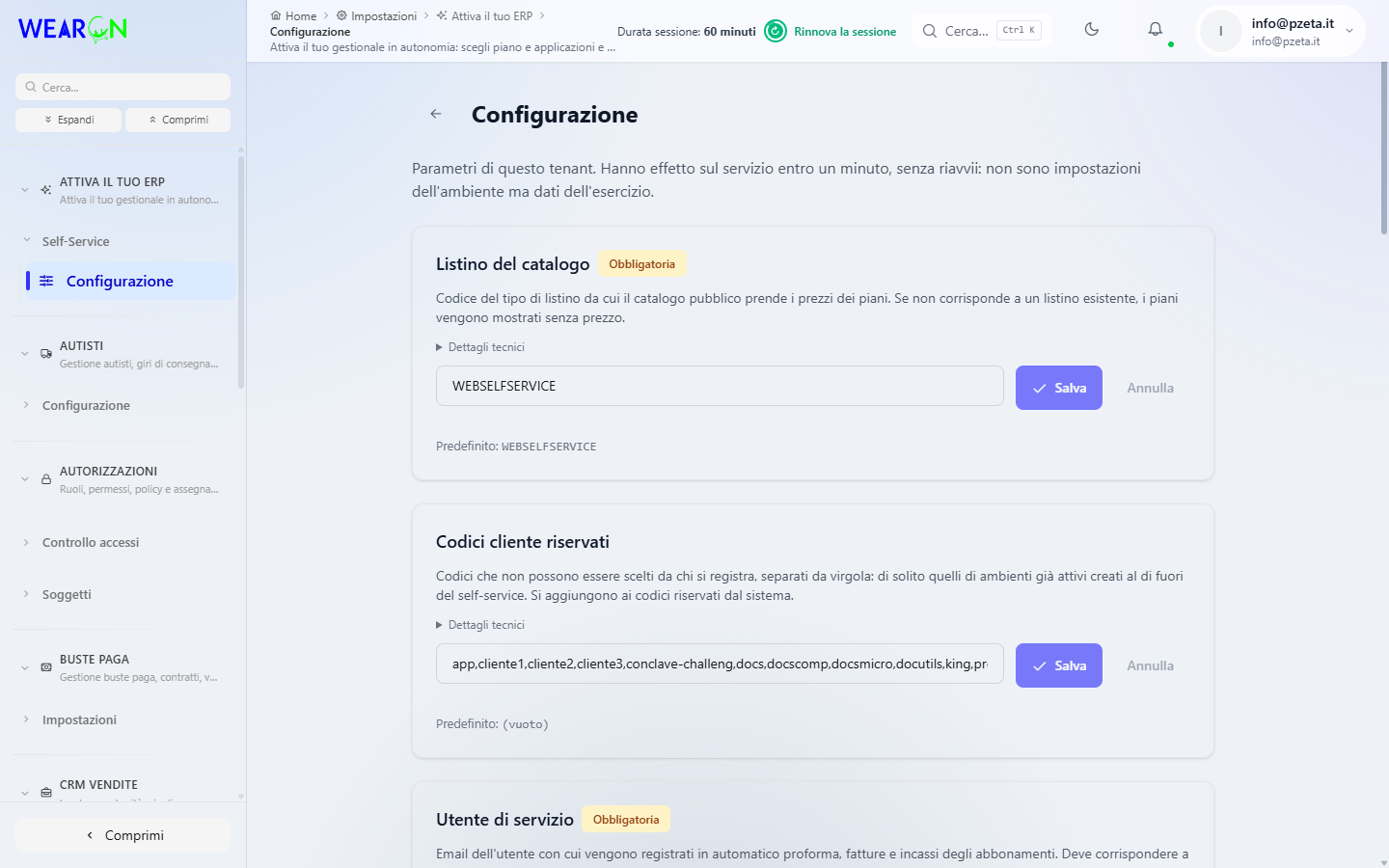 Le impostazioni aperte sulla prima voce, con il menu laterale organizzato per modulo
