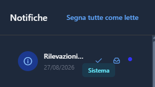 Il pannello delle notifiche con una notifica da leggere: l'icona del tipo, il titolo, la data, l'etichetta Sistema, la spunta, la scatola e il pallino; in alto Segna tutte come lette