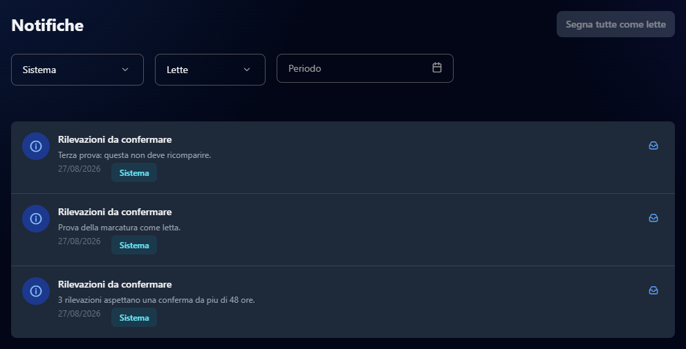 La pagina Notifiche con i filtri Sistema e Lette e le tre notifiche che vi corrispondono