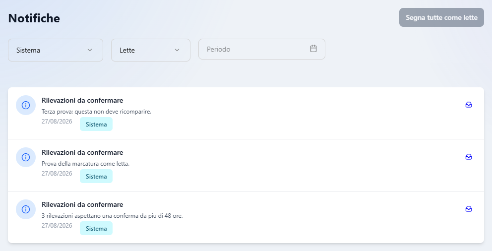 La pagina Notifiche con i filtri Sistema e Lette e le tre notifiche che vi corrispondono