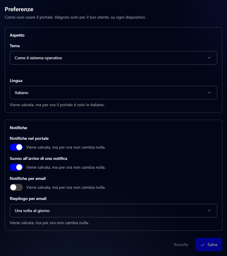 La pagina Preferenze, con le sezioni Aspetto e Notifiche