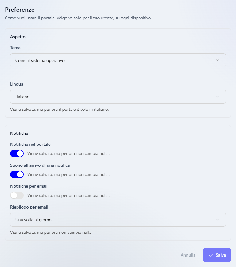 La pagina Preferenze, con le sezioni Aspetto e Notifiche