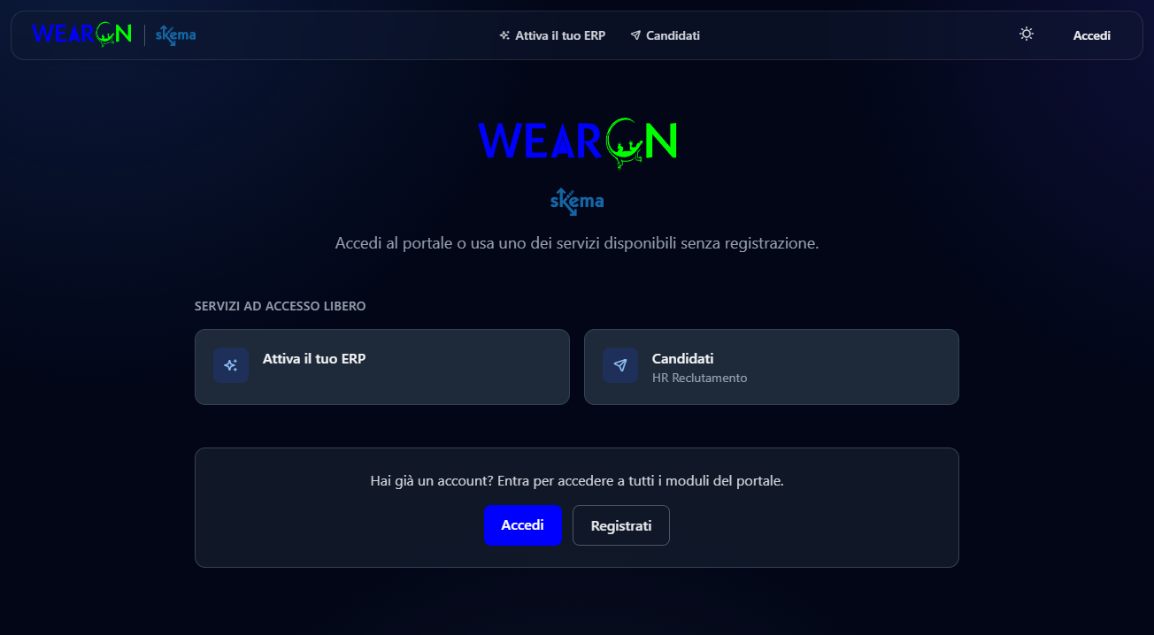 La pagina iniziale di WearOn, con i servizi ad accesso libero e i pulsanti Accedi e Registrati