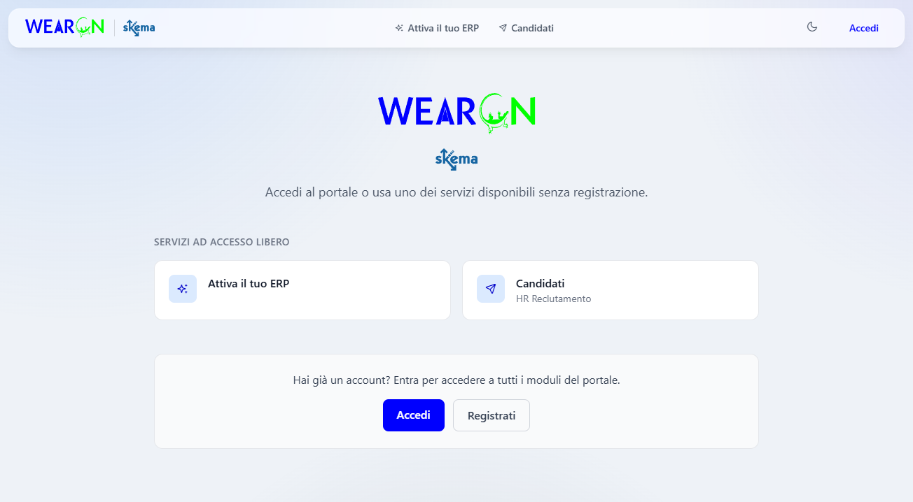 La pagina iniziale di WearOn, con i servizi ad accesso libero e i pulsanti Accedi e Registrati