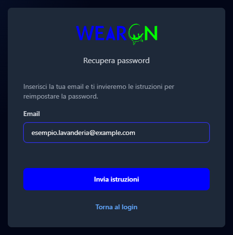La pagina Recupera password con il logo WearOn, il campo Email e il pulsante Invia istruzioni