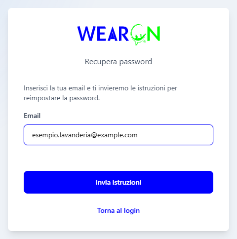 La pagina Recupera password con il logo WearOn, il campo Email e il pulsante Invia istruzioni
