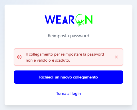 La pagina Reimposta password con l'avviso Il collegamento per reimpostare la password non è valido o è scaduto e il pulsante Richiedi un nuovo collegamento