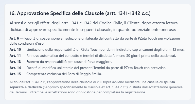 L'ultimo articolo dei Termini e Condizioni, con l'elenco delle clausole da approvare espressamente