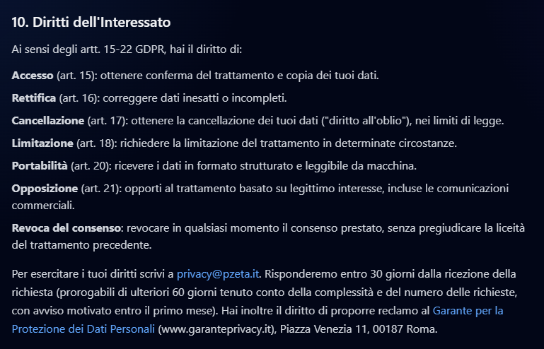 La voce Diritti dell'Interessato dell'Informativa sulla Privacy, con l'elenco dei diritti e l'indirizzo a cui scrivere