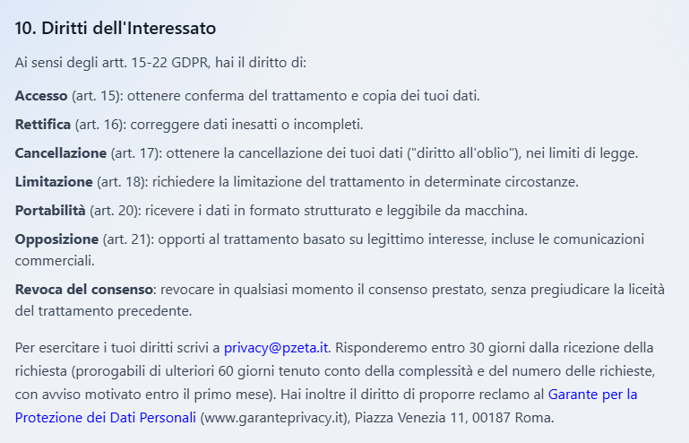 La voce Diritti dell'Interessato dell'Informativa sulla Privacy, con l'elenco dei diritti e l'indirizzo a cui scrivere