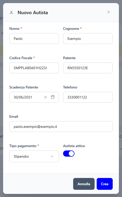 La finestra Nuovo Autista compilata con i dati dell'autista d'esempio Paolo Esempio