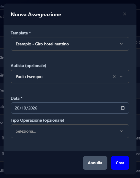 La finestra Nuova Assegnazione con il template d'esempio, l'autista e la data