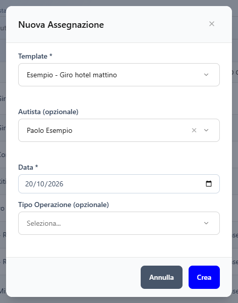 La finestra Nuova Assegnazione con il template d'esempio, l'autista e la data
