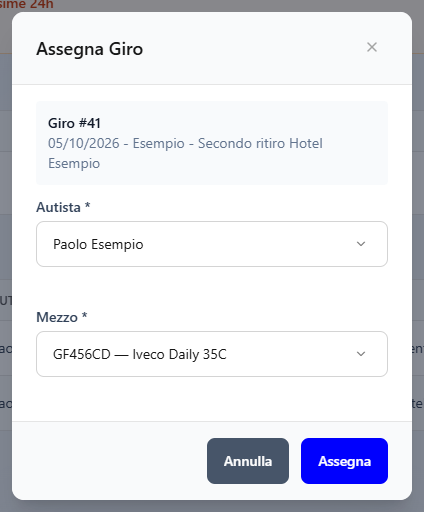 La finestra Assegna Giro per il giro #41, aperta dal riquadro arancione, con autista e mezzo scelti