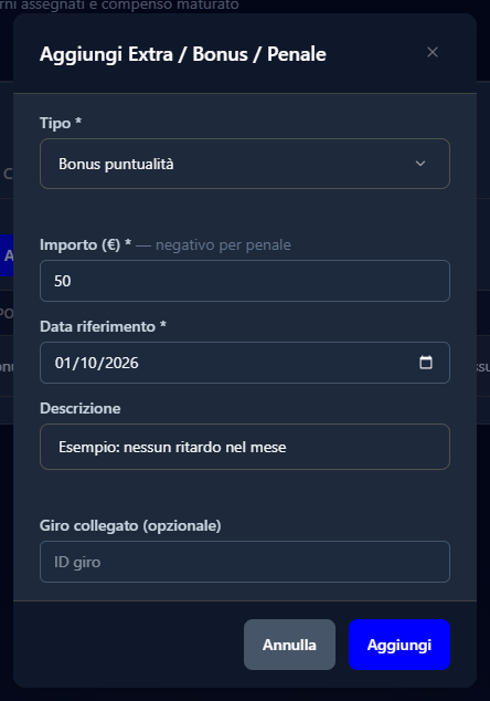 La finestra Aggiungi Extra / Bonus / Penale con un bonus puntualità di 50 euro