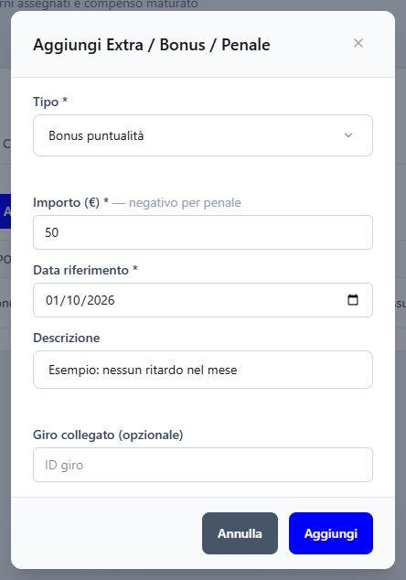 La finestra Aggiungi Extra / Bonus / Penale con un bonus puntualità di 50 euro