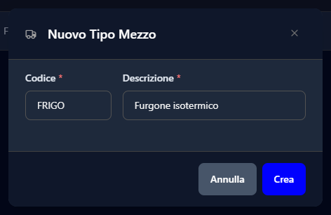La finestra Nuovo Tipo Mezzo compilata con codice e descrizione