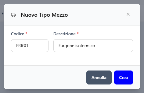 La finestra Nuovo Tipo Mezzo compilata con codice e descrizione