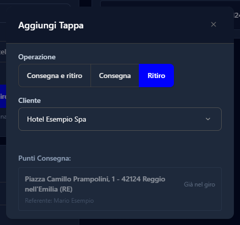 La finestra Aggiungi Tappa, con il punto già presente nel giro in grigio