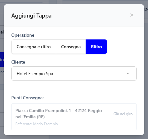 La finestra Aggiungi Tappa, con il punto già presente nel giro in grigio
