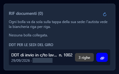 Il riquadro RIF documenti, con una bolla proposta per una sede del giro: il tipo è accorciato, il numero 1002 resta a vista; il nome della sede è coperto