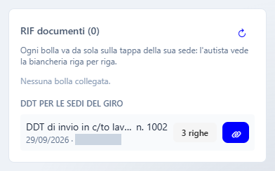 Il riquadro RIF documenti, con una bolla proposta per una sede del giro: il tipo è accorciato, il numero 1002 resta a vista; il nome della sede è coperto